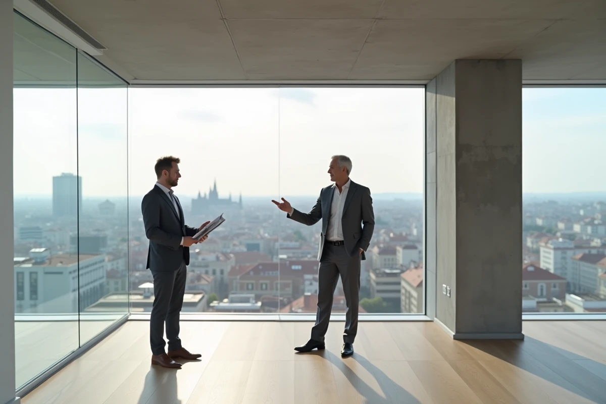 Agent immobilier en costume gris présentant un appartement moderne avec vue panoramique sur les toits de Lyon