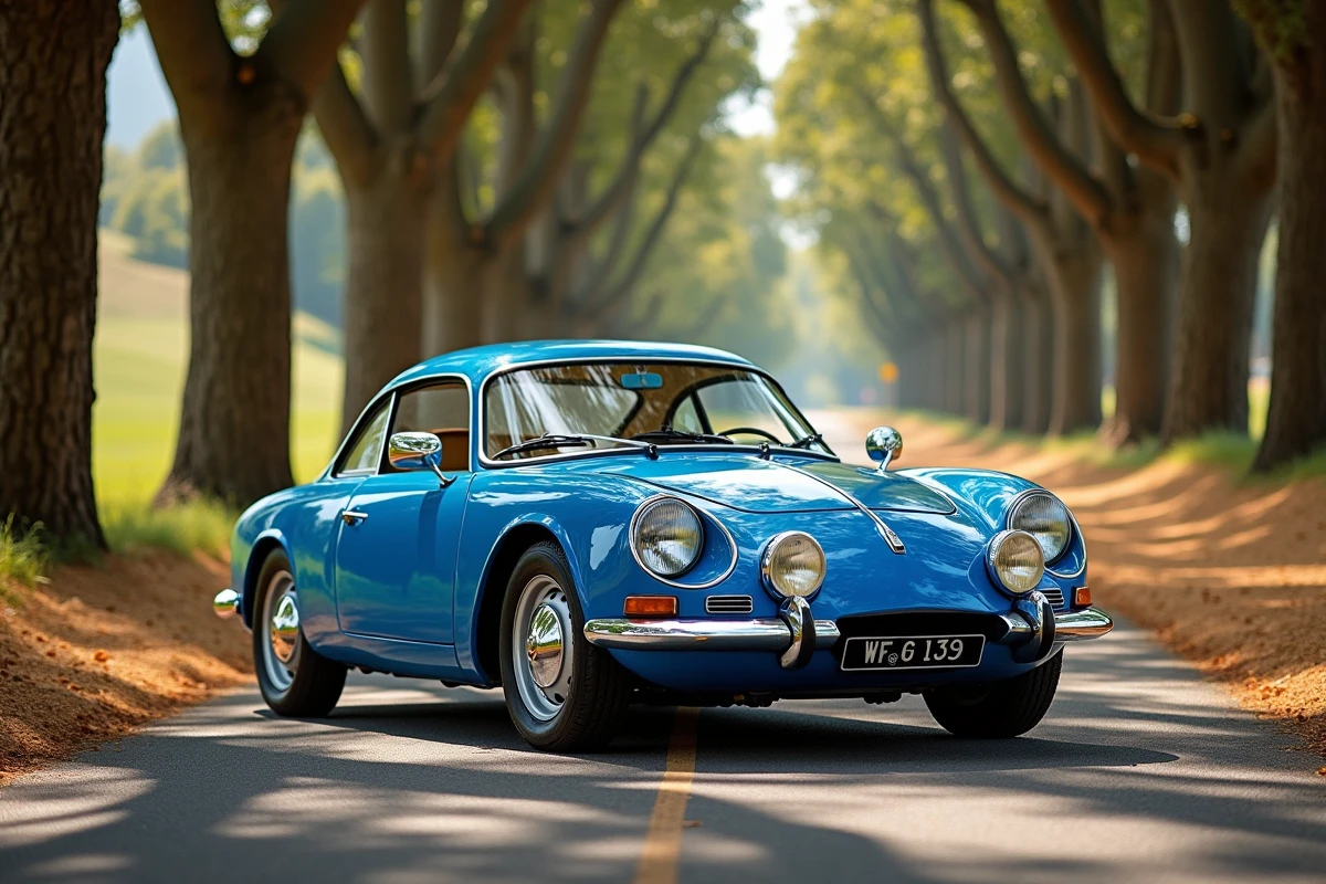Une Alpine A110 Berlinette bleue stationnée sur une route de campagne française ombragée, révélant son élégante carrosserie fastback emblématique