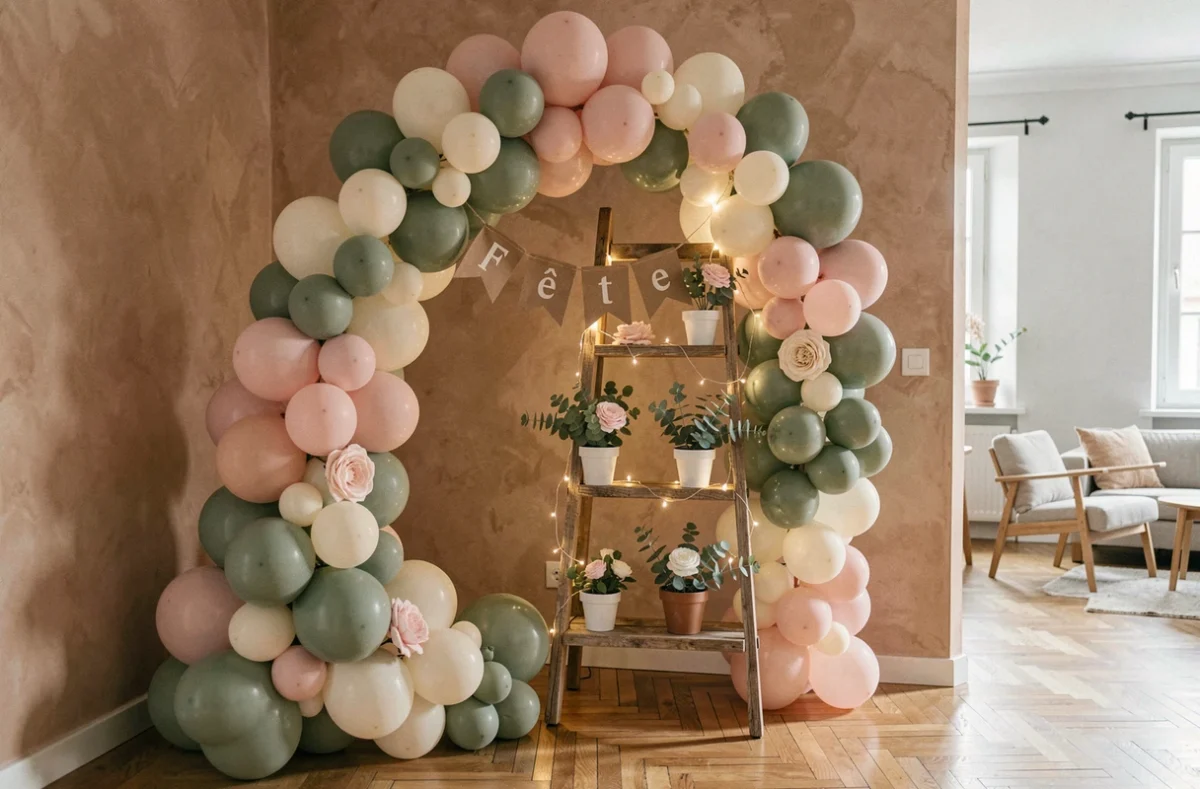 Coin salon décoré avec une arche de ballons pastel, des fleurs en papier et une guirlande de fête en kraft sur une étagère rustique