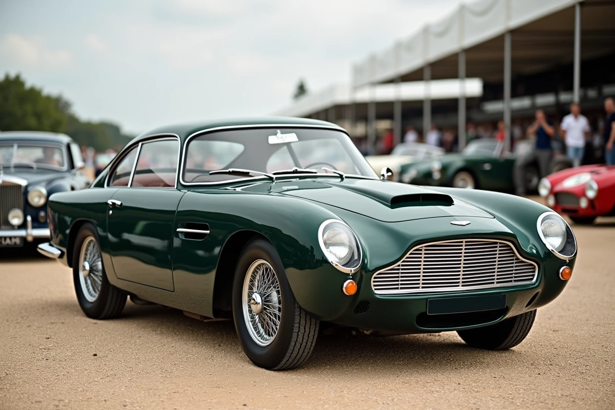 Une Aston Martin DB4 GT vert foncé dans un paddock de gravier lors d'une compétition de voitures anciennes, montrant sa carrosserie courte et ses roues à rayons Borrani