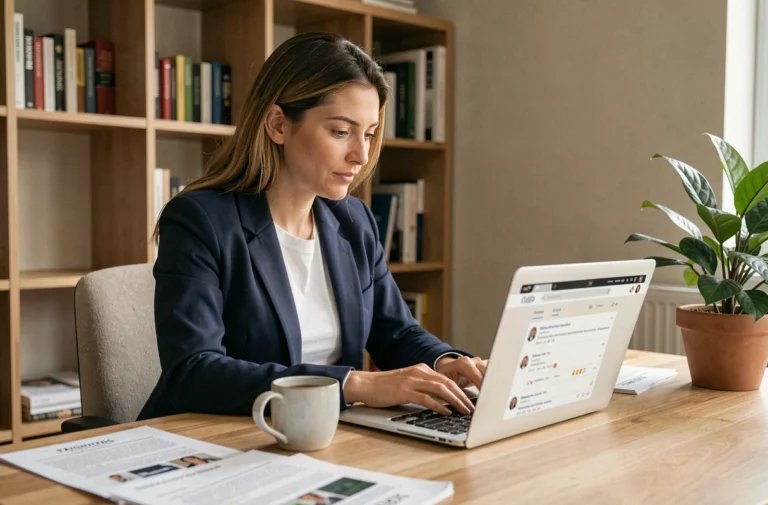 Femme consultant des avis clients Kimeo France sur un ordinateur portable dans un bureau moderne