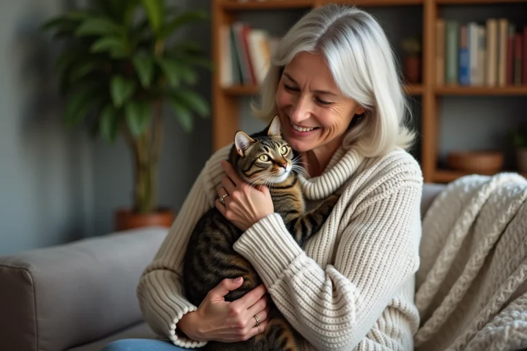 Bénévole d'une association de garde de chat tenant un chat tigré dans ses bras dans un salon chaleureux