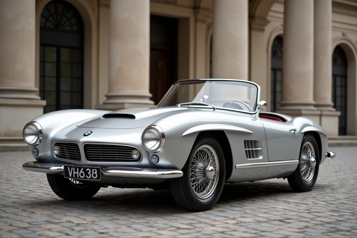 Une BMW 507 cabriolet argentée sur des pavés devant un bâtiment néoclassique européen, illustrant son design roadster intemporel