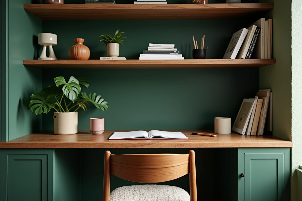 Coin bureau moderne dans une alcôve avec étagères en chêne peint vert forêt, bureau en noyer, chaise boucle et plante monstera