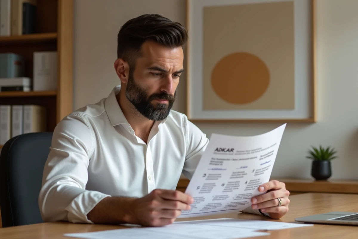 Un cadre analyse seul une feuille de route ADKAR annotée à son bureau, dans un bureau privé épuré, en réflexion sur la conduite du changement