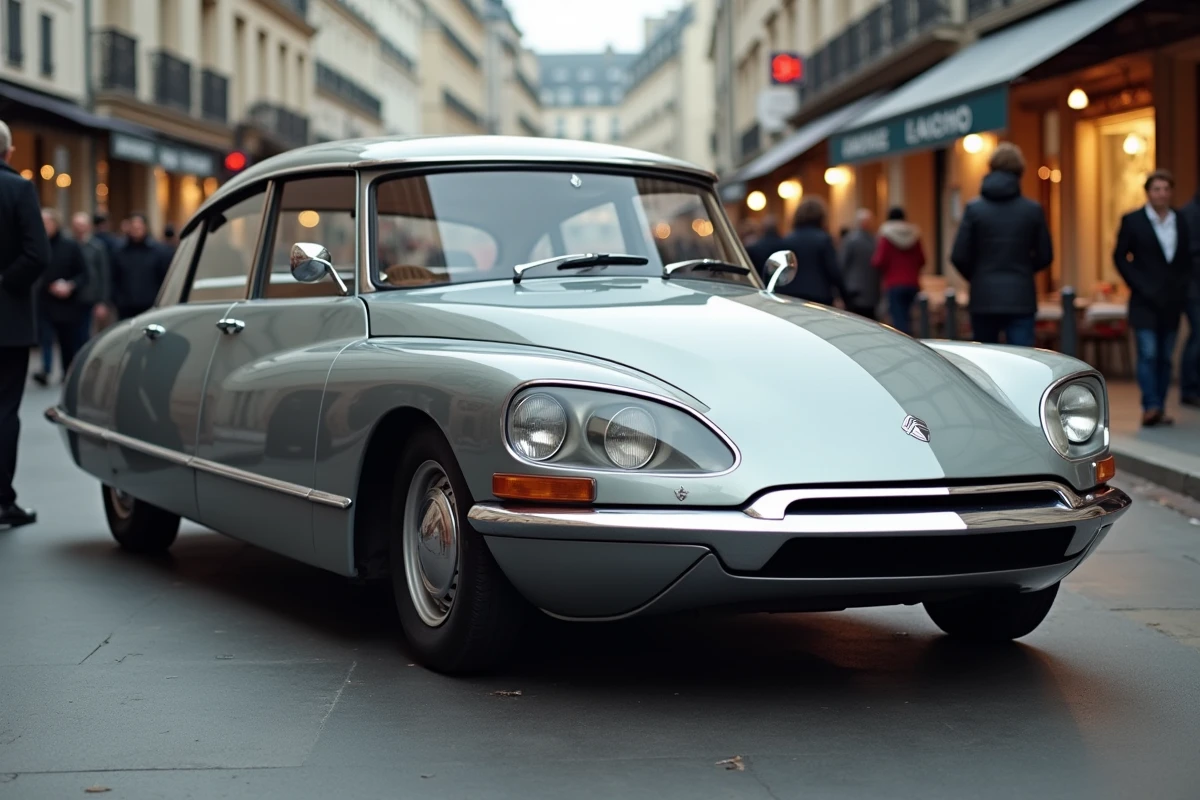 Une Citroën DS grise garée sur un boulevard parisien haussmannien, mettant en valeur sa carrosserie futuriste en goutte d'eau et sa suspension iconique