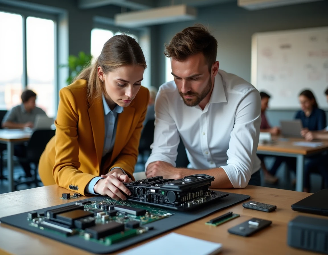 Deux collègues techniciens examinant les composants d'un ordinateur de bureau démonté dans un espace de co-working technologique