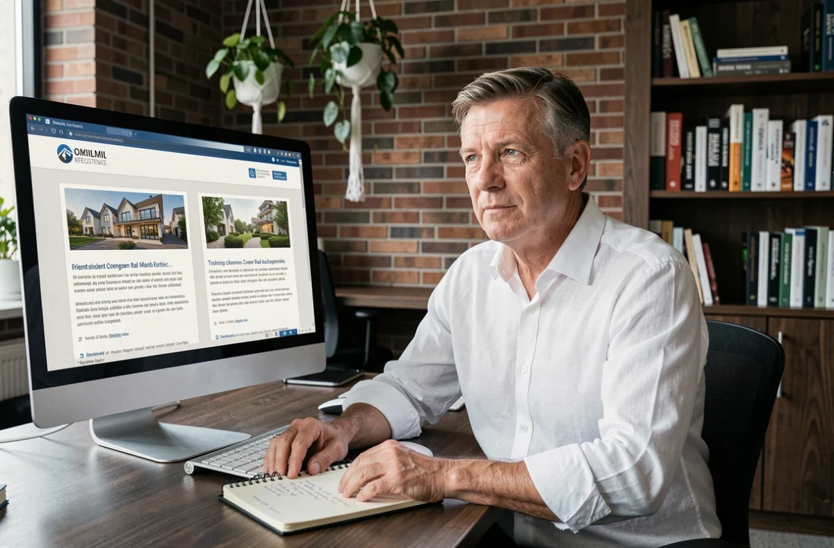 Homme comparant les avis clients d'Omnia Immobilier et d'agences locales de prestige sur un écran