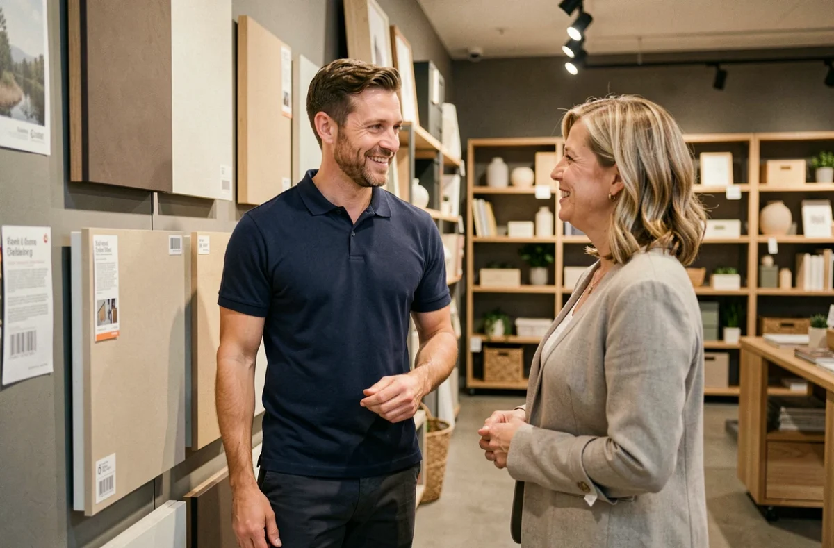 Conseiller Wallstore aidant une cliente à choisir des panneaux de décoration murale en magasin