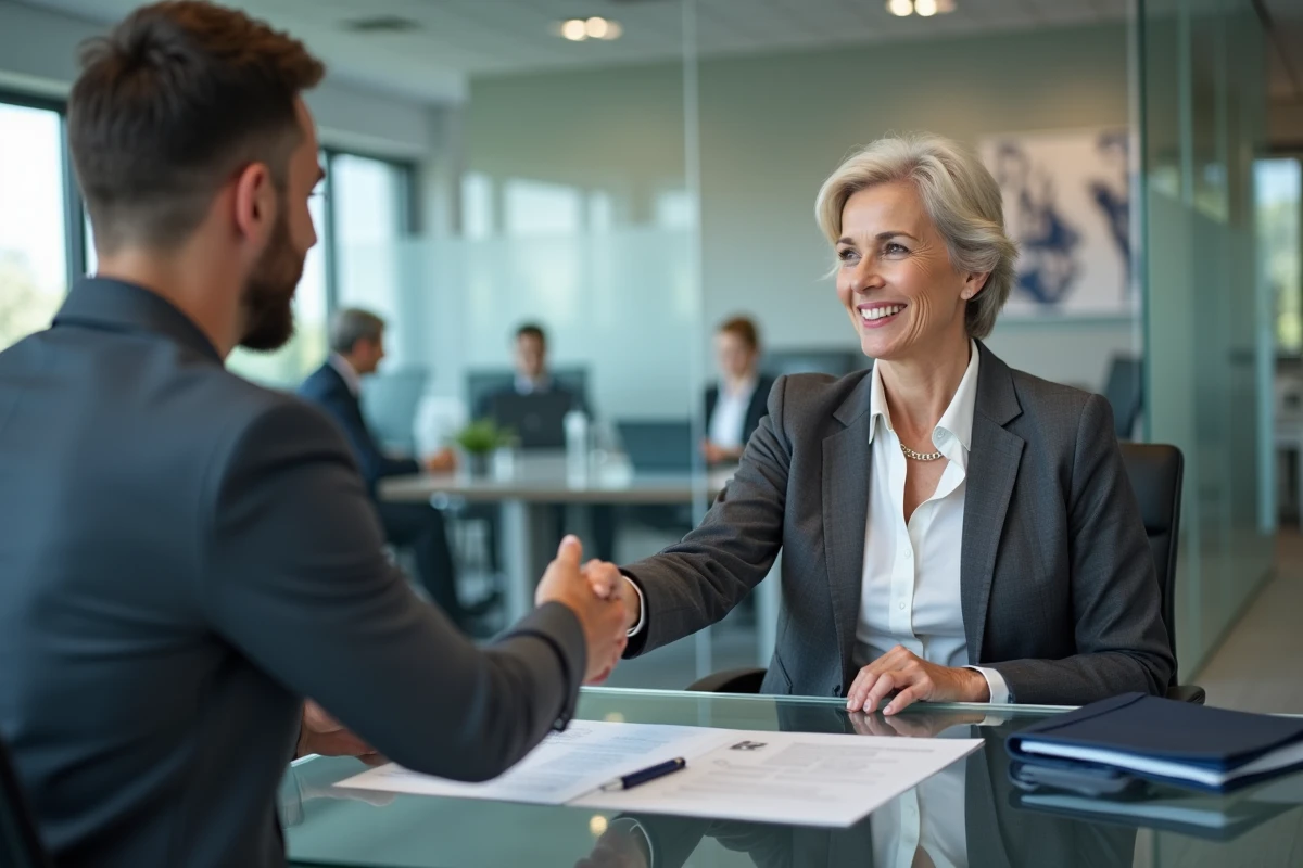 Une conseillère en assurances signe un contrat de protection du patrimoine avec son client dans un bureau professionnel