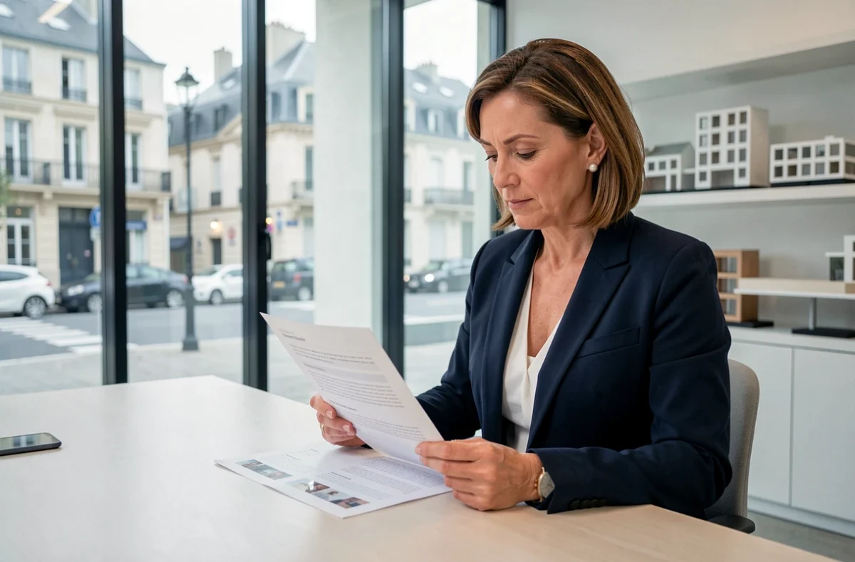 Conseillère immobilière de prestige analysant des avis clients dans une agence moderne à Paris