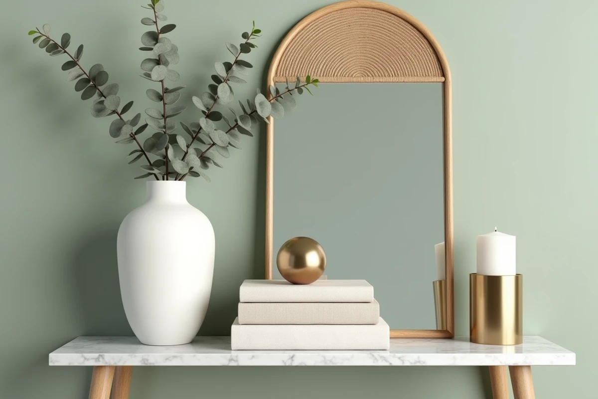 Console en marbre blanc stylisée avec vase céramique mat, eucalyptus séché, livres de décoration et miroir en rotin arqué sur mur vert sauge