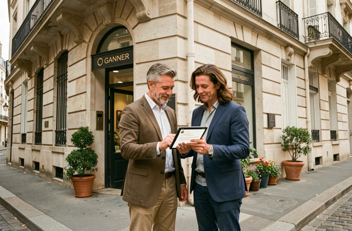 Couple consultant les avis en ligne d'une agence immobilière de luxe devant une vitrine parisienne