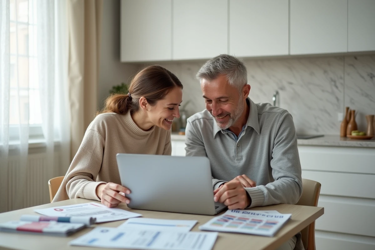 Un couple consulte des brochures et un comparateur d'assurances en ligne depuis leur cuisine moderne