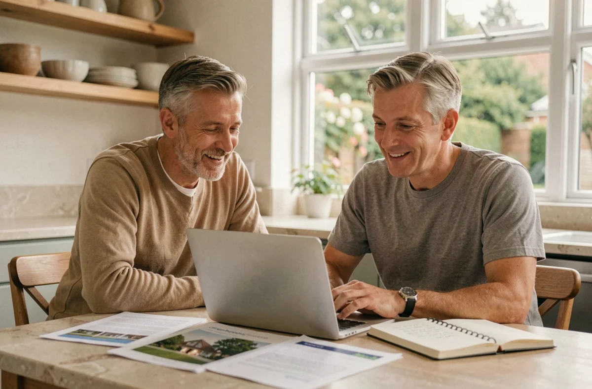 Couple consultant un expert immobilier en ligne depuis leur cuisine pour booster leur projet d'achat immobilier