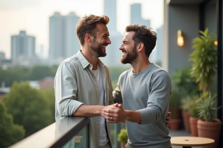 Deux hommes souriants partageant un moment complice sur un balcon urbain moderne, illustrant la vie de couple en 2026