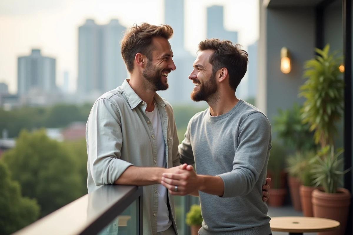 Deux hommes souriants partageant un moment complice sur un balcon urbain moderne, illustrant la vie de couple en 2026