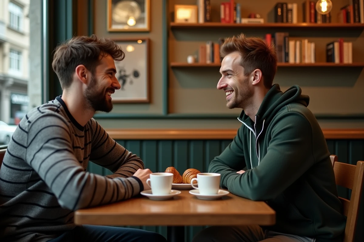 Deux hommes en conversation animée dans un café parisien chaleureux autour d'un café, évoquant la complicité et l'intimité d'un couple