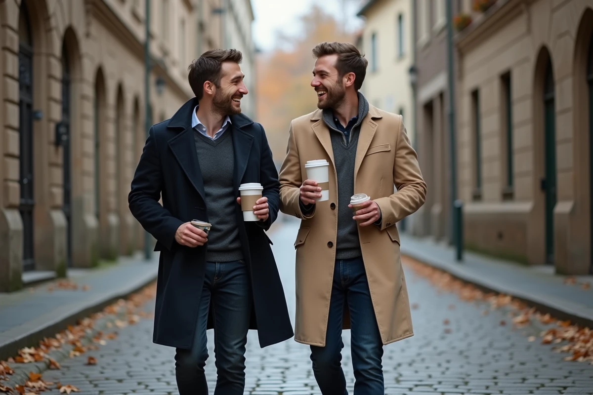 Deux hommes marchant ensemble dans une rue pavée d'un quartier européen en automne, reflétant une relation amoureuse naturelle et moderne