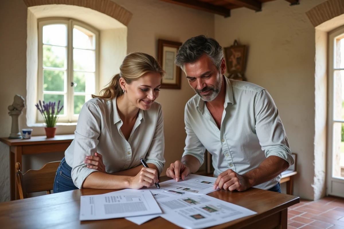 Couple examinant des documents immobiliers dans une maison de style provençal avec pierres apparentes et carrelage en terre cuite