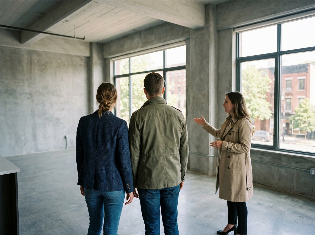 Jeune couple visitant un appartement avec un agent immobilier