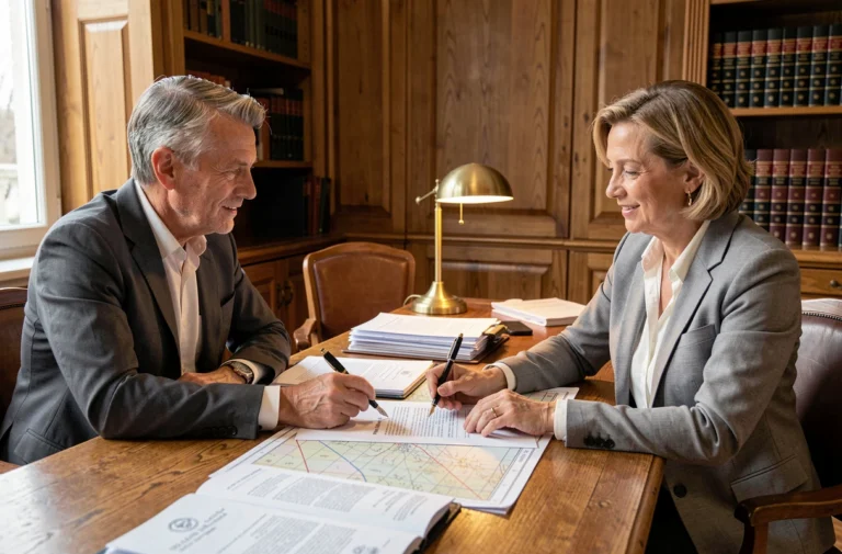 Deux co-indivisaires discutent d'une déclaration de bien immobilier en indivision avec un notaire dans un bureau officiel