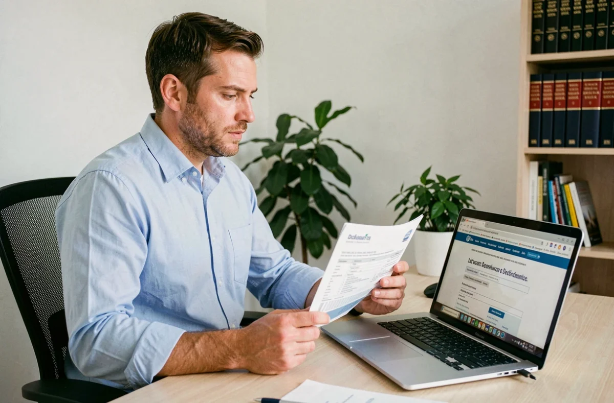 Un propriétaire en indivision remplit sa déclaration fiscale immobilière en ligne depuis son bureau à domicile