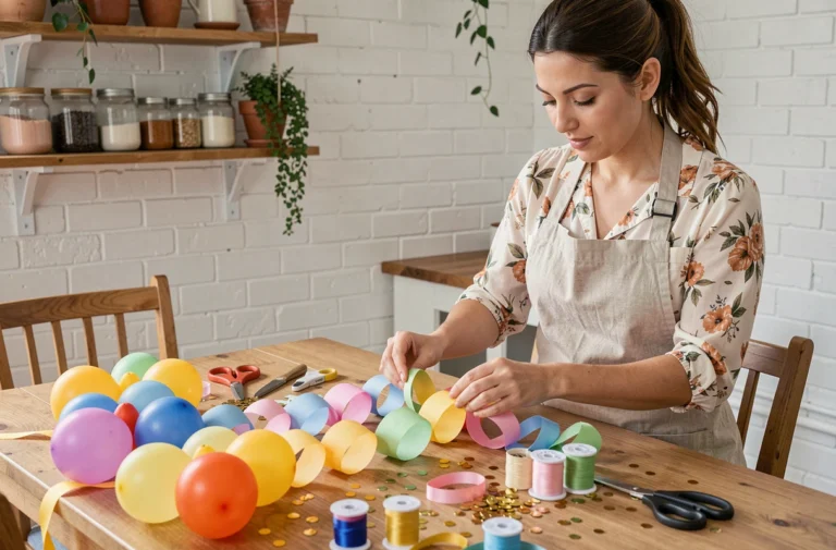 Femme décorant une table de fête avec des guirlandes colorées, des ballons et du matériel créatif dans une cuisine chaleureuse