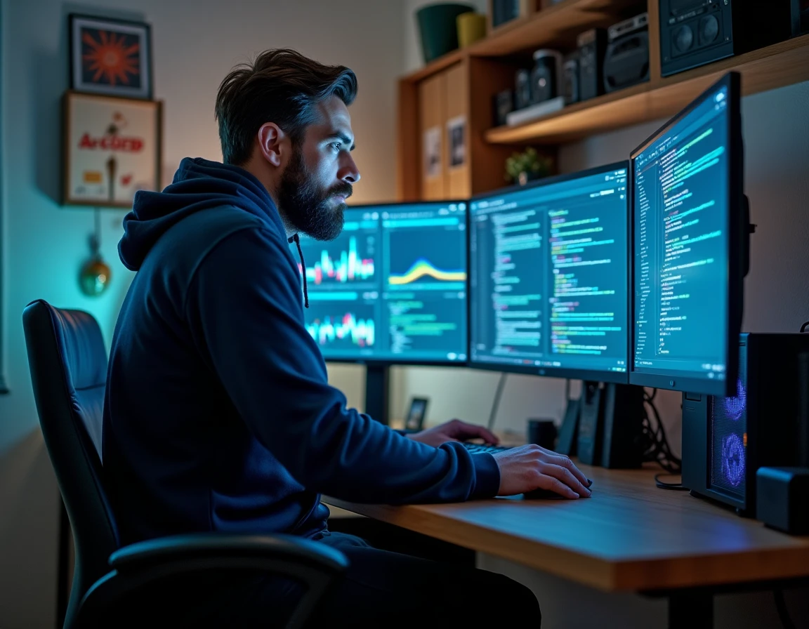 Homme développeur devant un poste de travail multi-écrans avec tableaux de bord de données et code dans un bureau à domicile