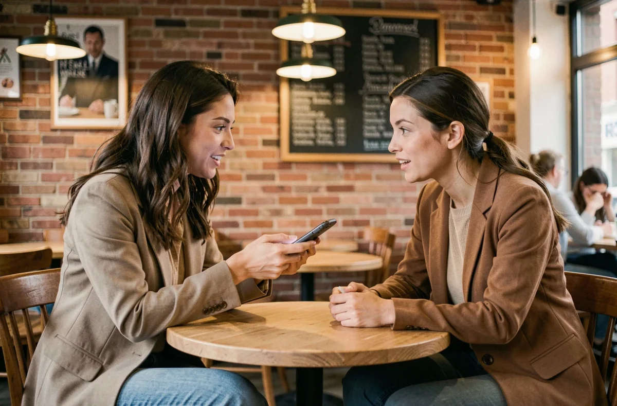 Deux femmes discutant des avis et retours sur Kimeo France autour d'un café en ville