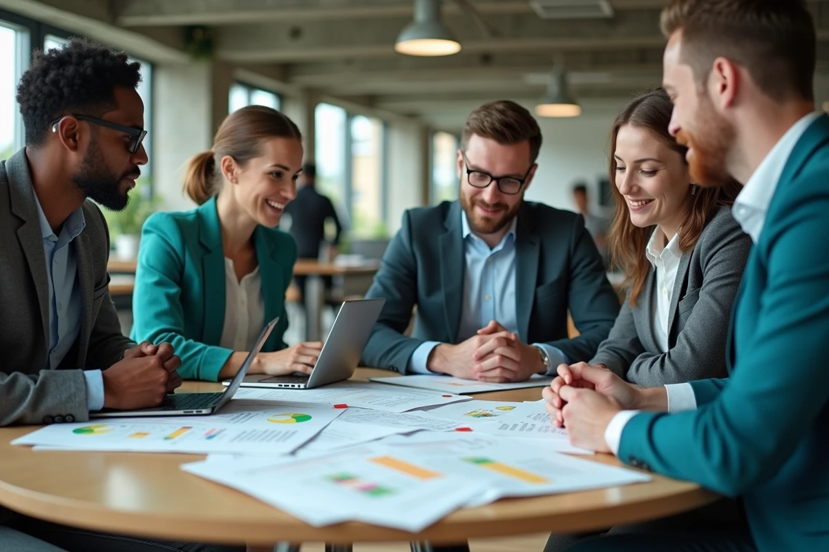 Une équipe diversifiée collabore autour de la méthode ADKAR dans un bureau moderne en open space, avec des documents de conduite du changement sur la table