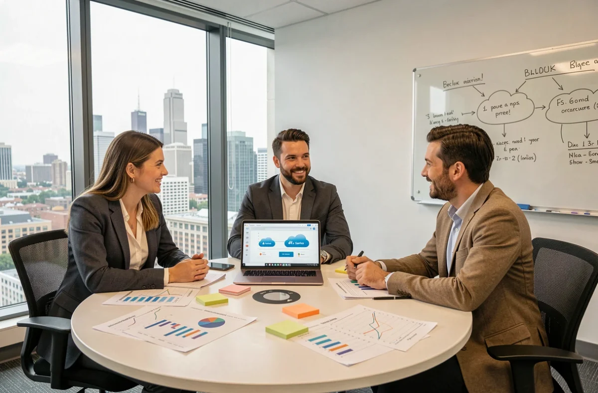 Équipe de professionnels collaborant sur une stratégie d'optimisation de gestion des données