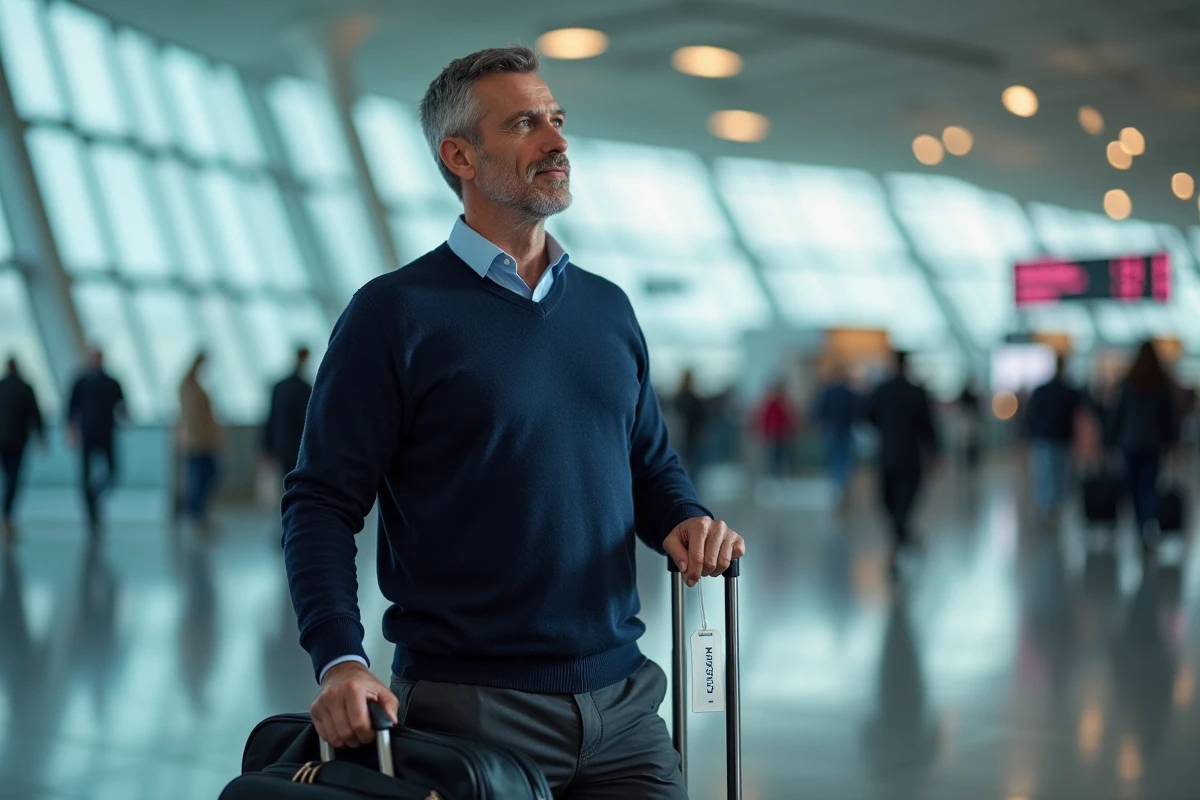 Homme tenant un bagage avec étiquette minimaliste imprimée dans un terminal d'aéroport moderne