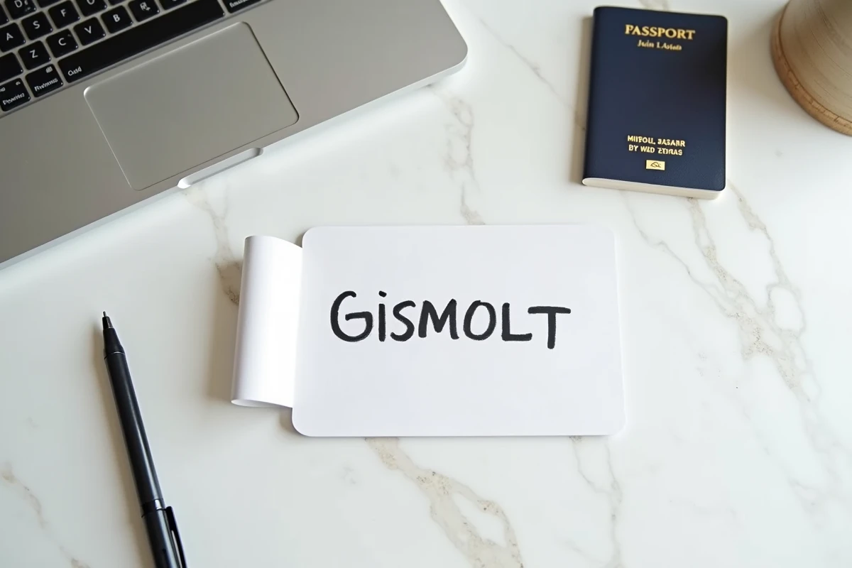 Étiquette bagage minimaliste imprimée posée sur un bureau blanc avec passeport et ordinateur portable