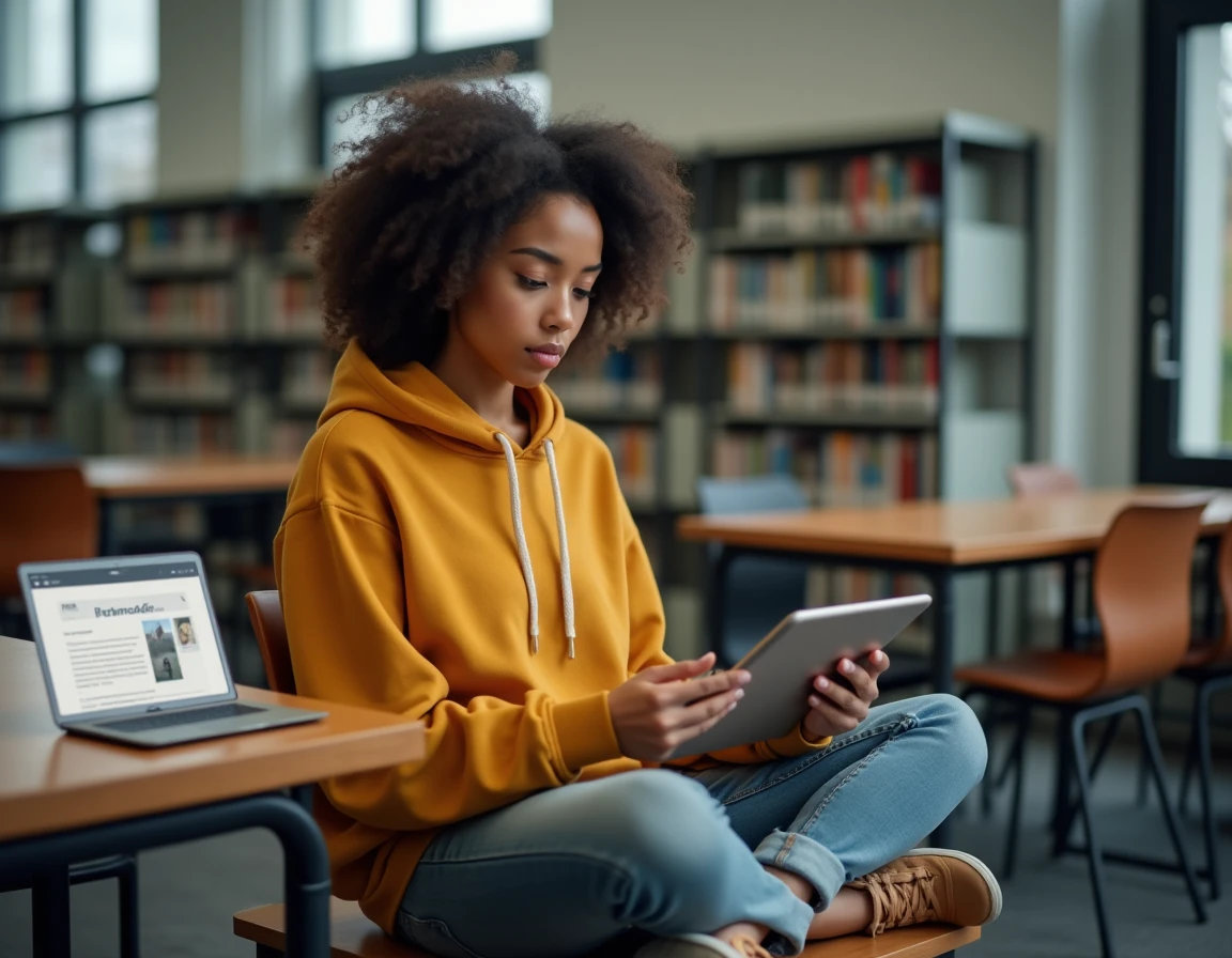 Étudiante en bibliothèque consultant un tutoriel pour intégrer une image dans Framapad sur tablette