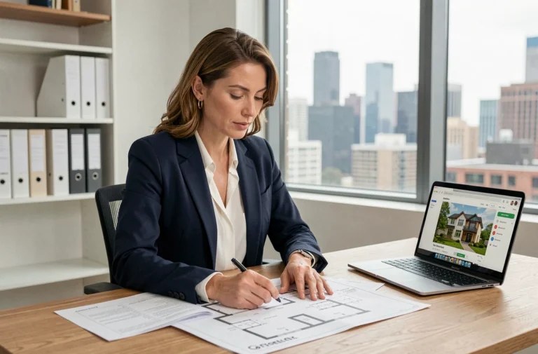 Femme professionnelle analysant des plans immobiliers sur un bureau moderne avec un ordinateur portable affichant une plateforme d'expertise en ligne