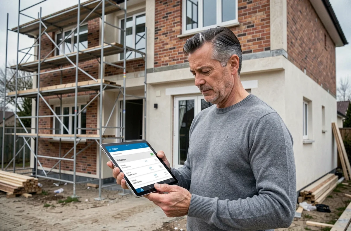 Homme consultant une expertise immobilière en ligne sur tablette devant une maison en rénovation