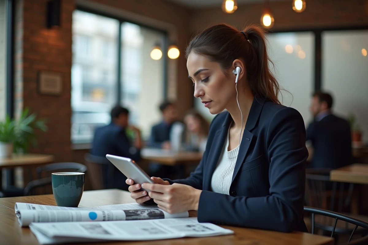 Femme lisant l'actualité locale et internationale sur une tablette dans un café urbain