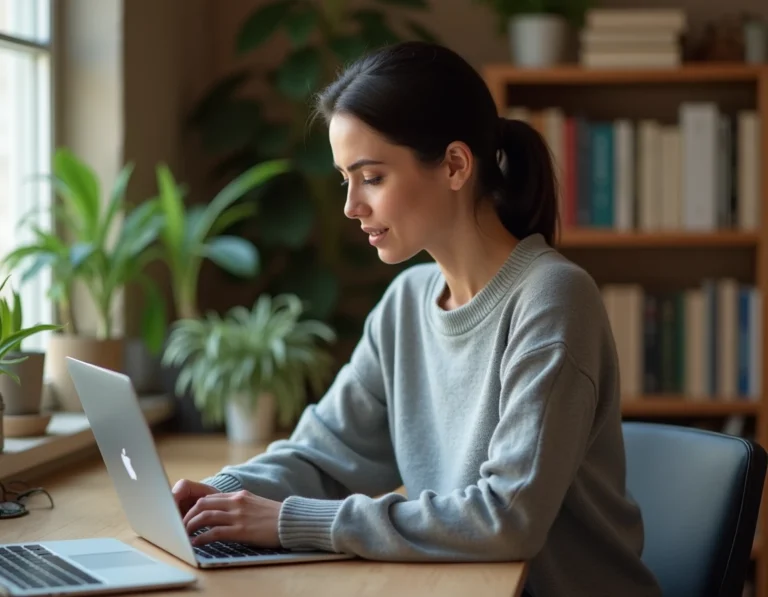Femme utilisant Framapad sur un ordinateur portable pour intégrer une image dans un document collaboratif