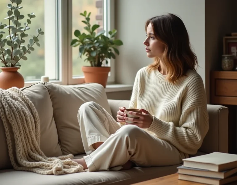 Femme détendue dans un salon cocooning avec canapé beige, plaid en laine et plantes vertes pour une atmosphère de bien-être à la maison