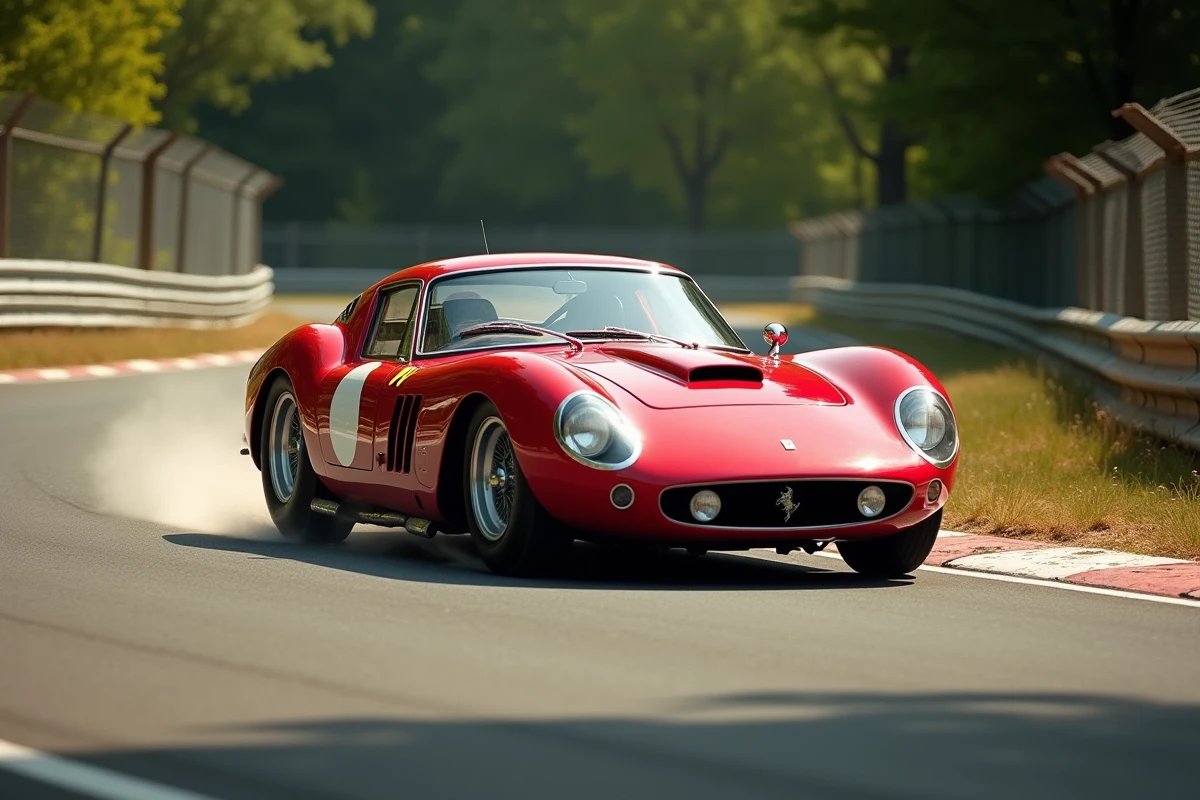 Une Ferrari 250 GTO rouge en pleine action dans un virage de circuit, illustrant son carrosserie sculptée par Pininfarina et ses roues à rayons légendaires