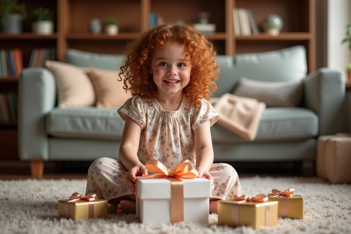 Petite fille heureuse déballant un cadeau entourée de papier coloré dans un salon familial chaleureux