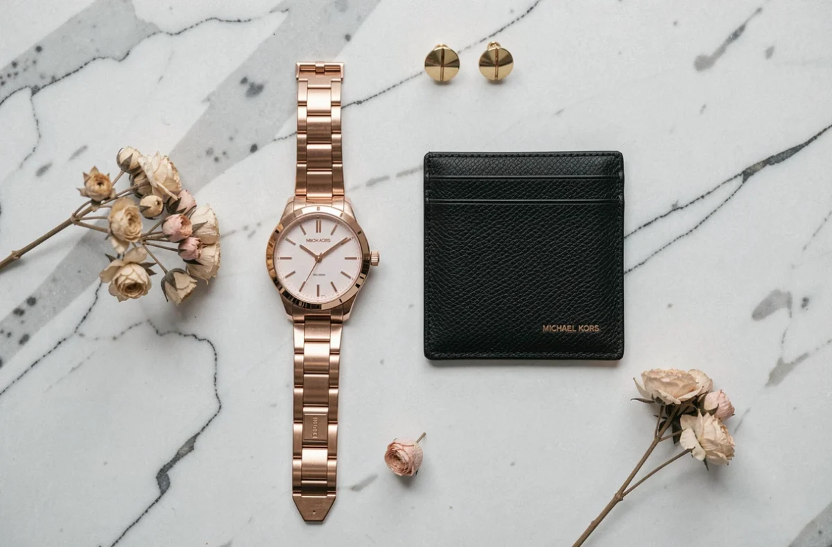 Flat-lay de la collection d'accessoires Michael Kors avec montre dorée, porte-cartes en cuir et boucles d'oreilles