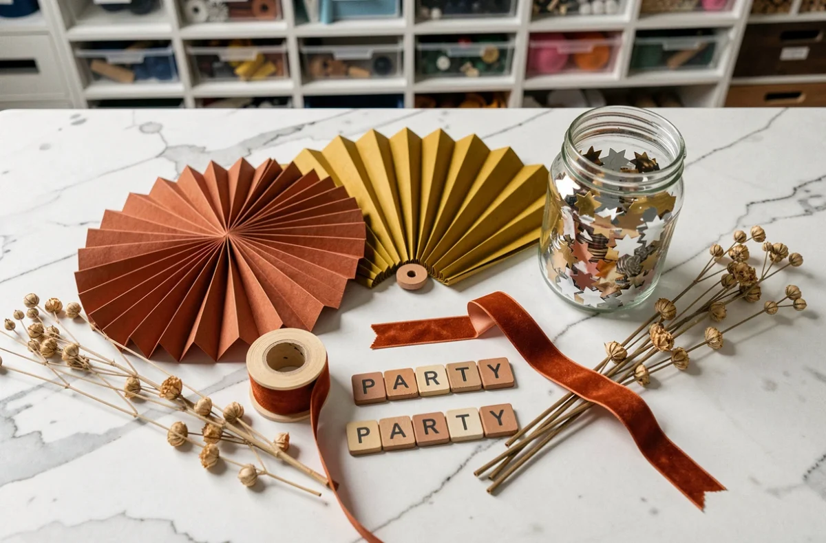 Flat lay de matériaux créatifs pour décoration de fête avec éventails en papier, rubans velours, confettis dorés et fleurs séchées sur marbre blanc