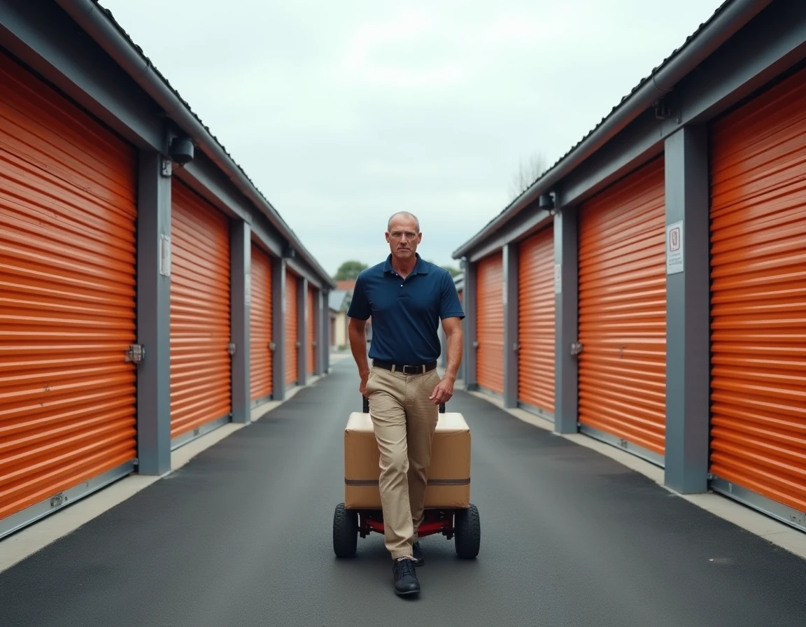 Couloir extérieur d'un garde-meuble avec rangées de box à Pessac près de Bordeaux