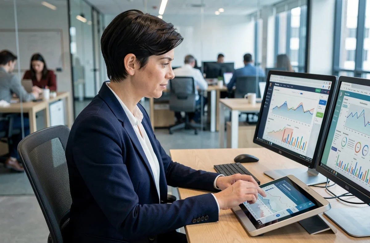 Femme professionnelle gérant des données sur des écrans analytiques dans un bureau moderne