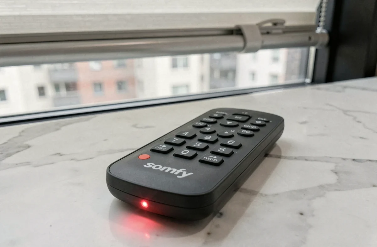 Gros plan d'une télécommande Somfy avec voyant rouge sur un plan de travail en marbre