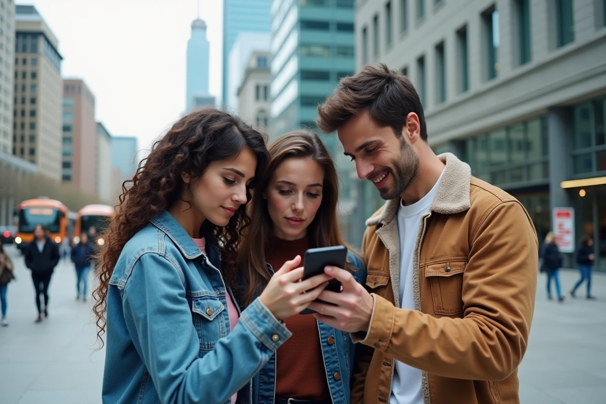 Groupe de personnes suivant les actualités en direct sur smartphone en plein air dans une ville