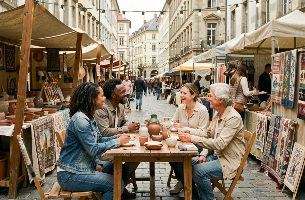 Groupe d'adultes en conversation lors d'un festival culturel en plein air dans une rue pavée