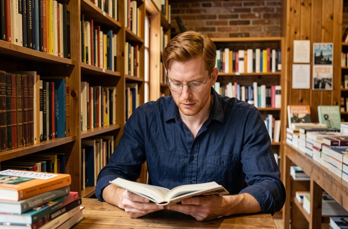 Homme lisant un roman dans une librairie indépendante aux étagères remplies de livres anciens